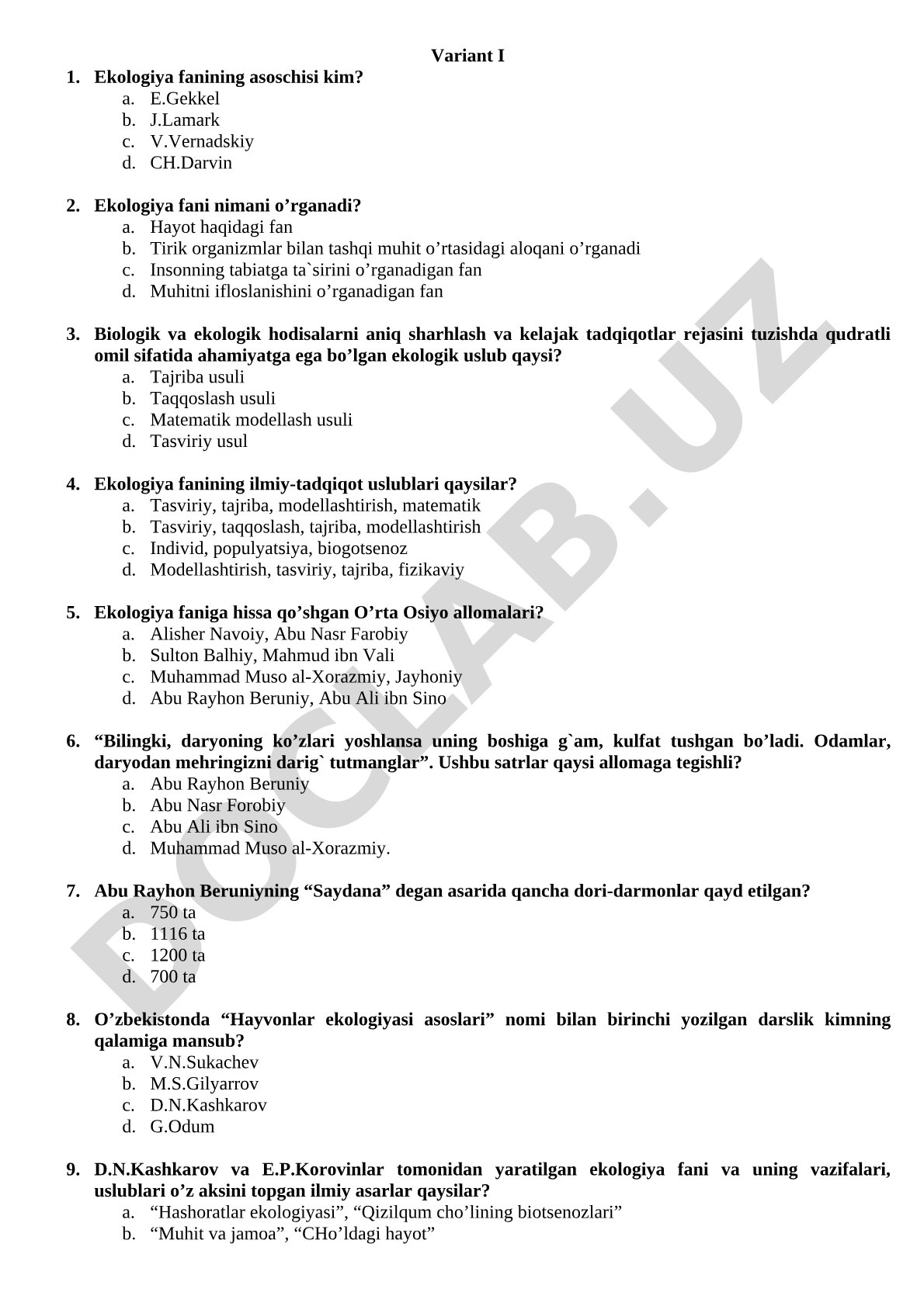 Ekologiya fanidan test savollari