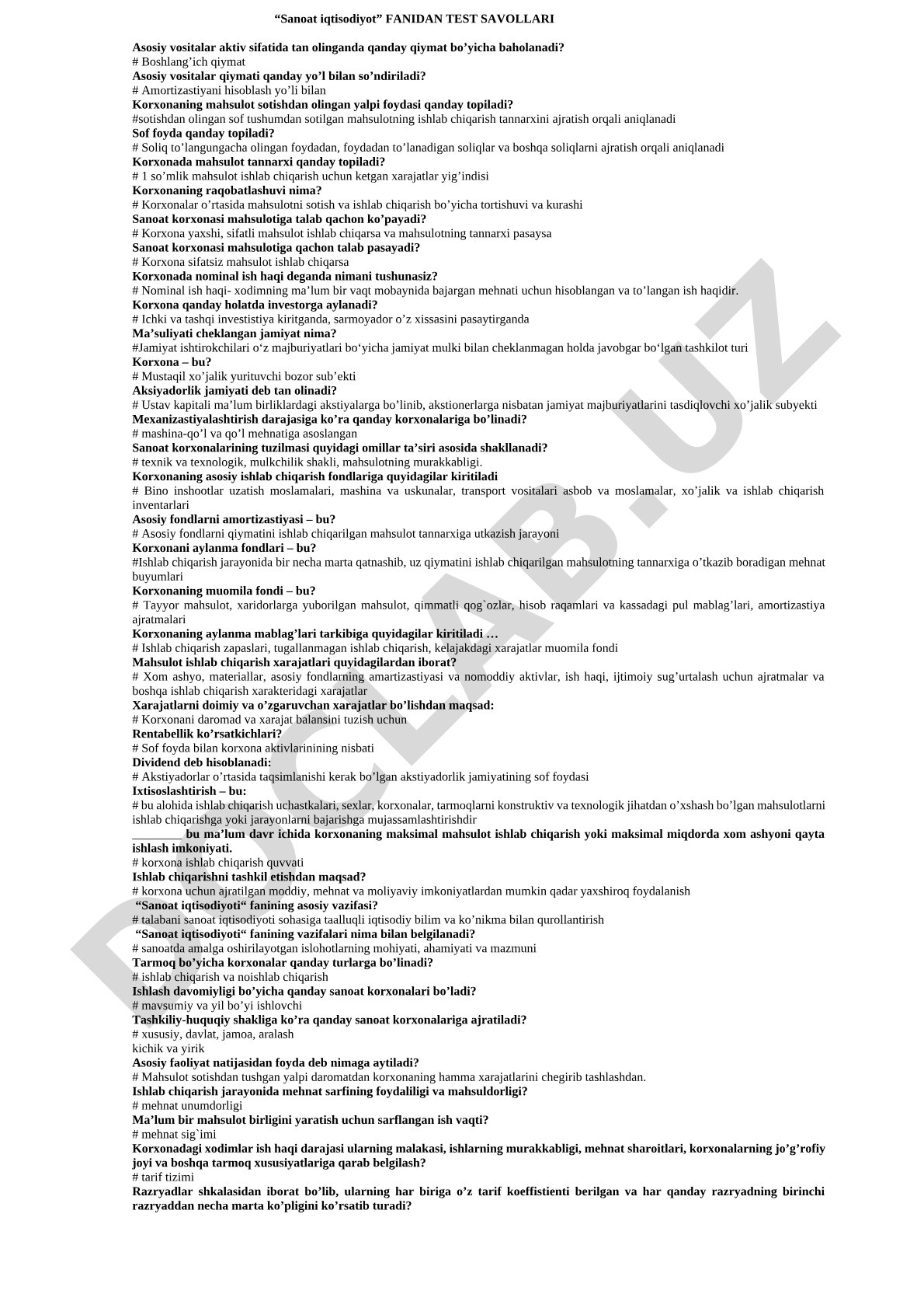 Sanoat iqtisodiyot fanidan test savollari