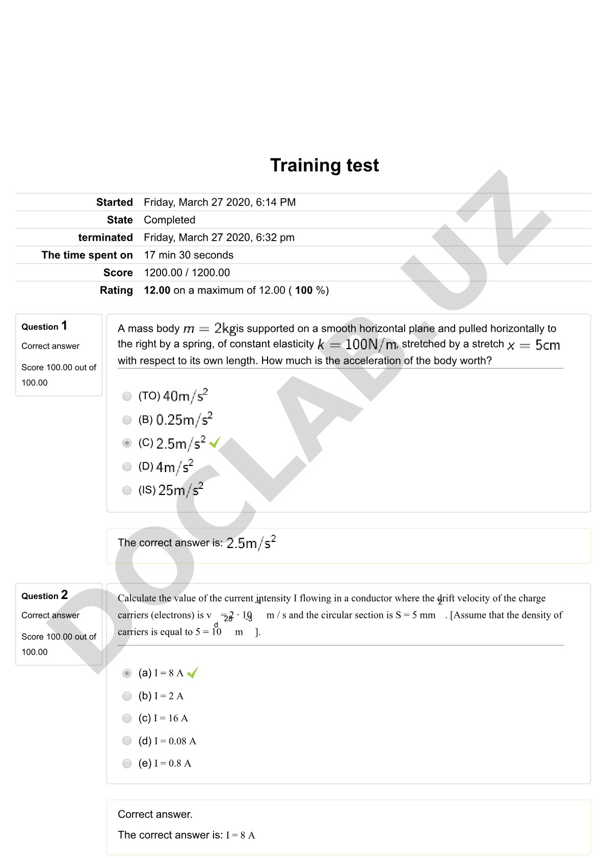 Physics training test on mechanics and electricity