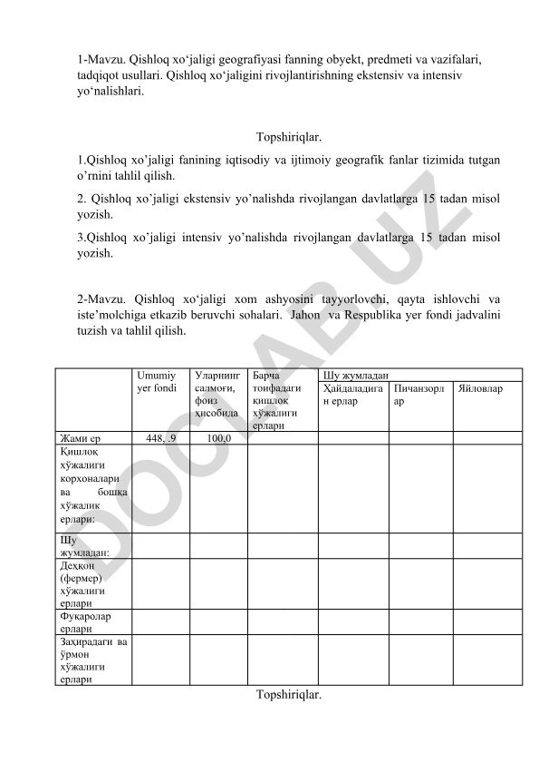Qishloq xo‘jaligi geografiyasi fanining obyekti, predmeti va vazifalari