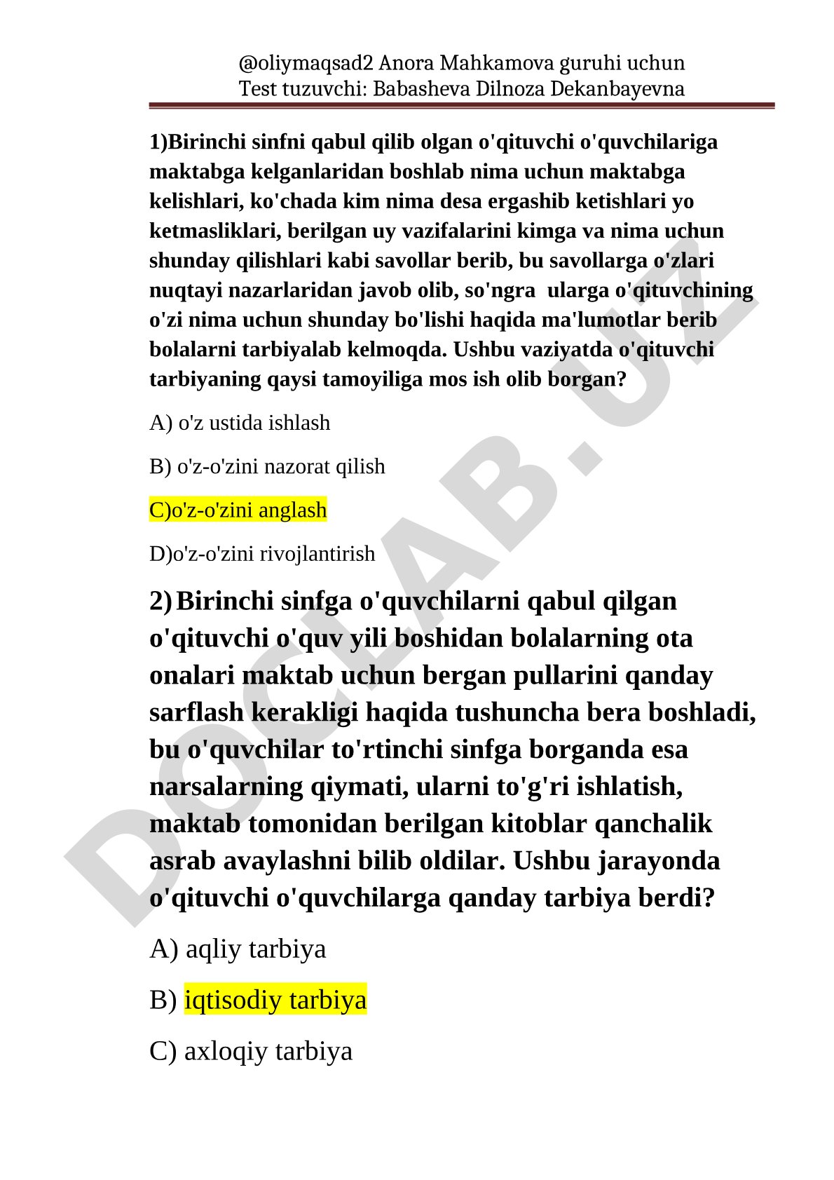 Tarbiya tamoyillari va turlari bo'yicha test savollari