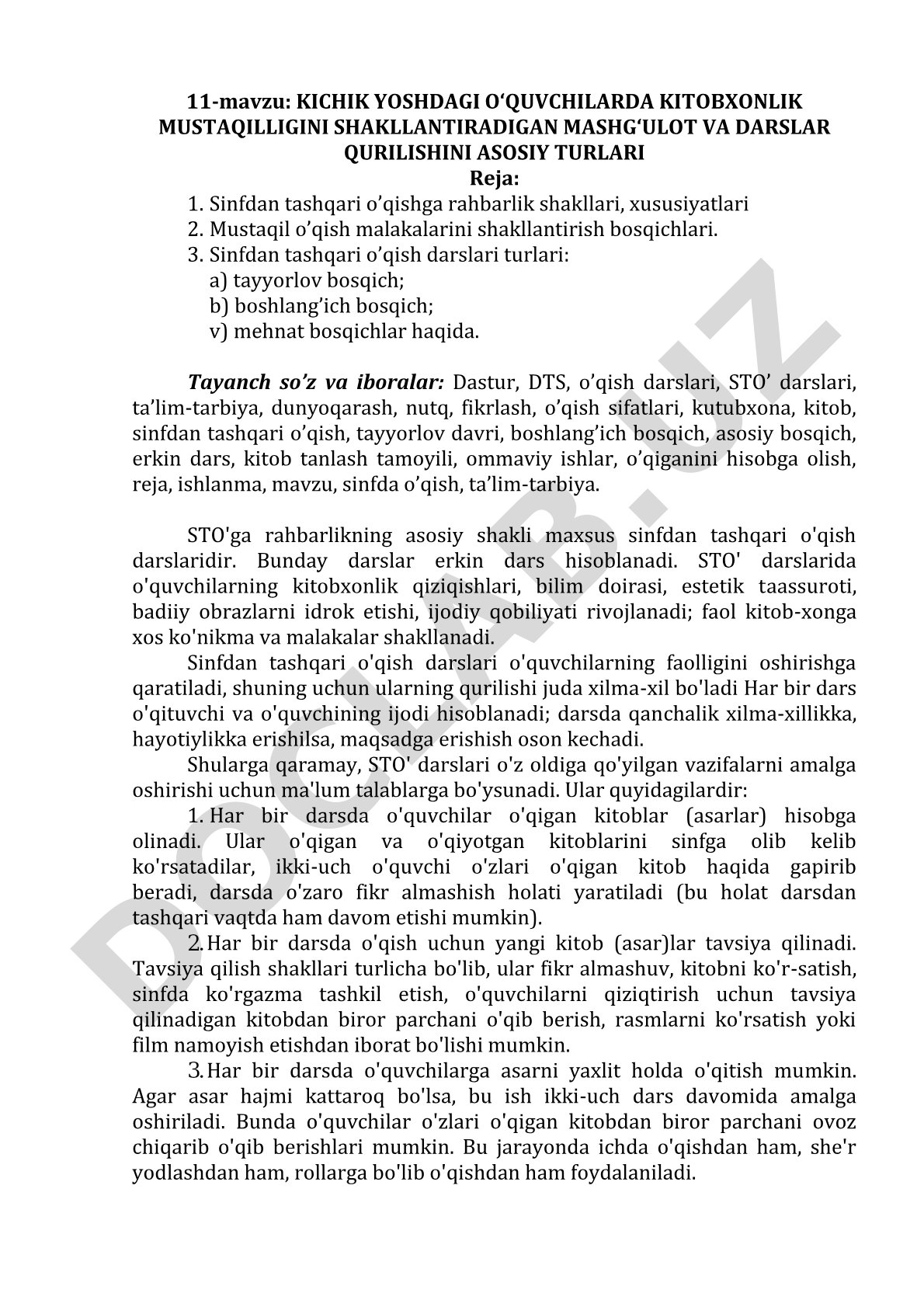 Kichik yoshdagi o'quvchilarda kitobxonlik mustaqilligini shakllantiradigan mashg'ulot va darslar qurilishini asosiy turlari