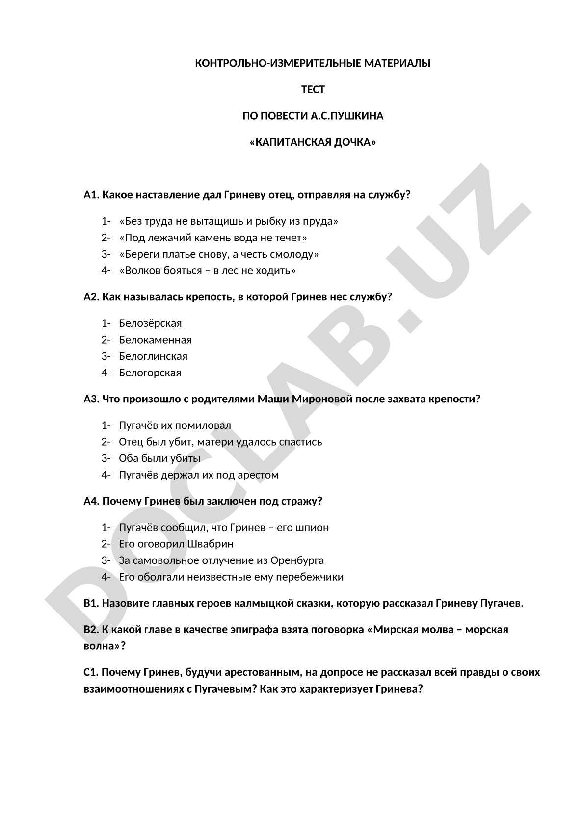 Контрольно-измерительные материалы тест по повести А.С.Пушкина «Капитанская дочка» и лирике поэтов ХХ века о ВОВ