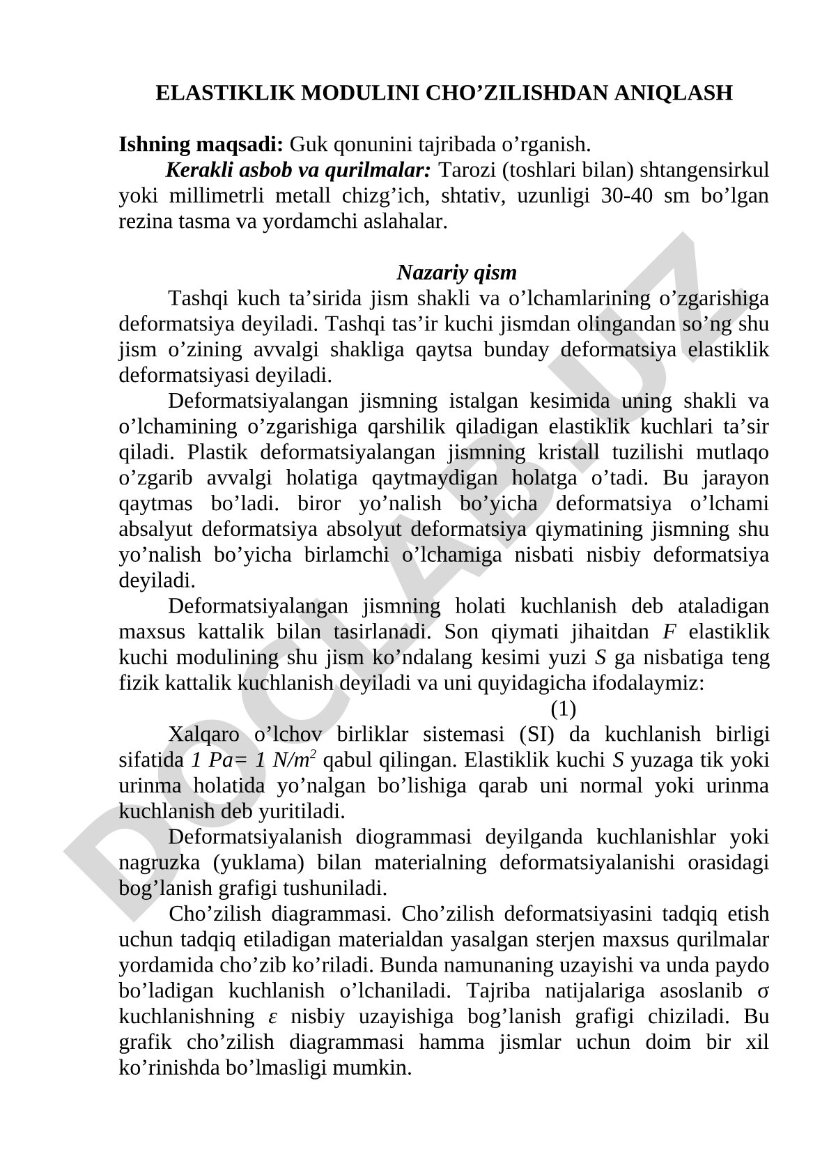 Elastiklik modulini cho'zilishdan aniqlash