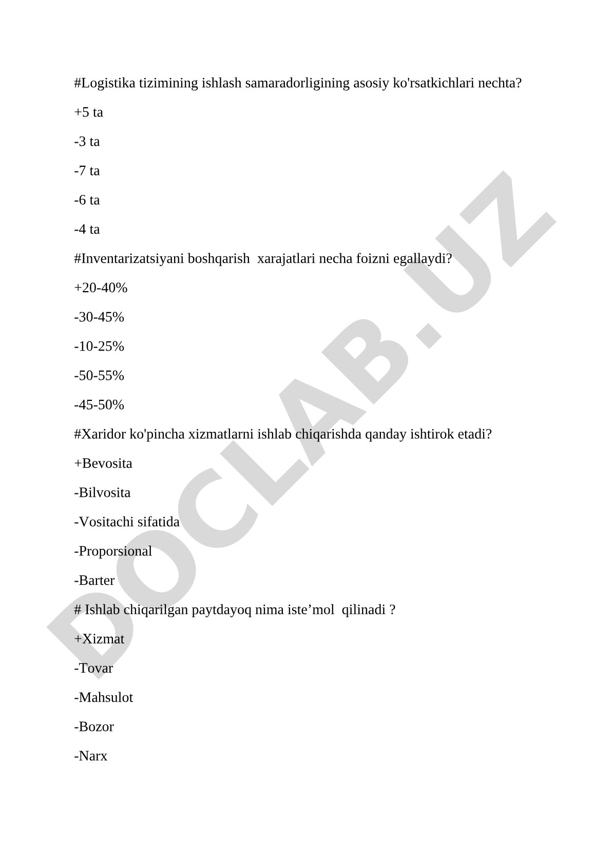 Logistika va investitsiya bo'yicha test savollari