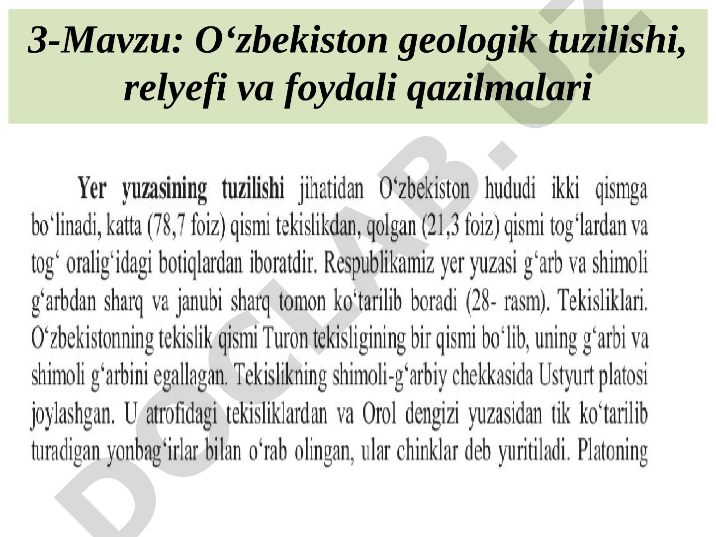 O‘zbekiston geologik tuzilishi, relyefi va foydali qazilmalari