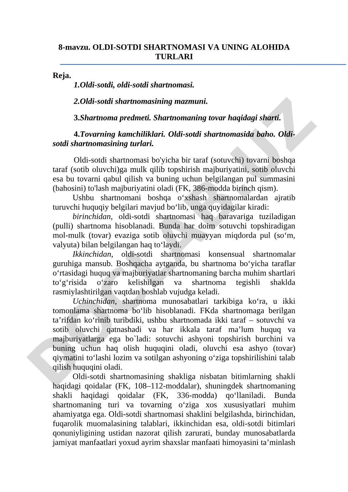 Oldi-sotdi shartnomasi va uning alohida turlari