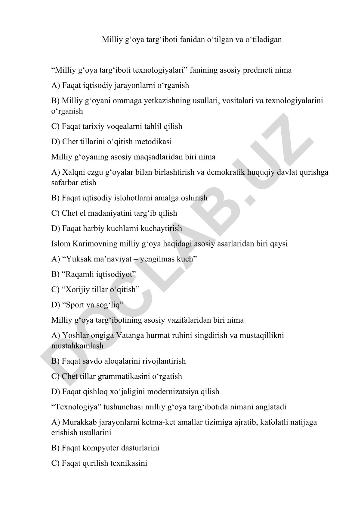 Milliy g'oya targ'iboti texnologiyalari fanining asosiy predmeti va vazifalari
