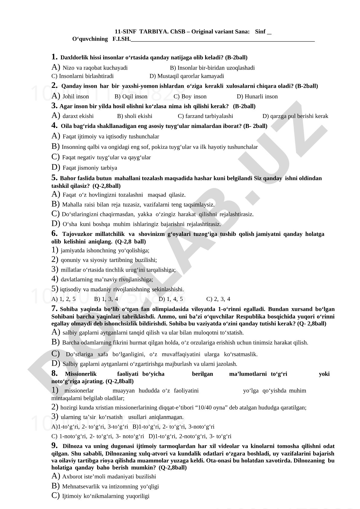 11-sinf Tarbiya fanidan ChSB test savollari