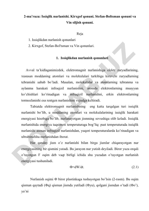 Issiqlik nurlanishi qonunlari: Kirxgof, Stefan-Boltsman va Vin qonunlari