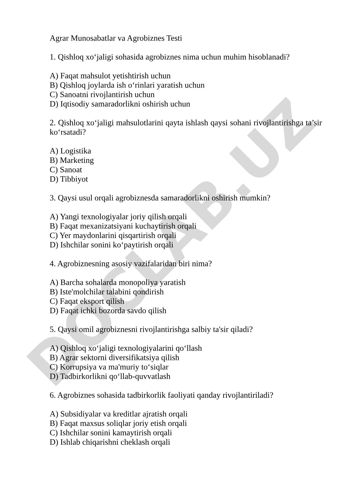 Agrar Munosabatlar va Agrobiznes Testi