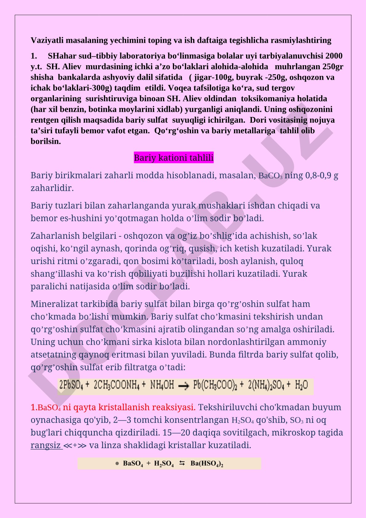 Bariy sulfat bilan zaharlanish oqibatida vafot etgan shaxsning sud-tibbiy ekspertizasi