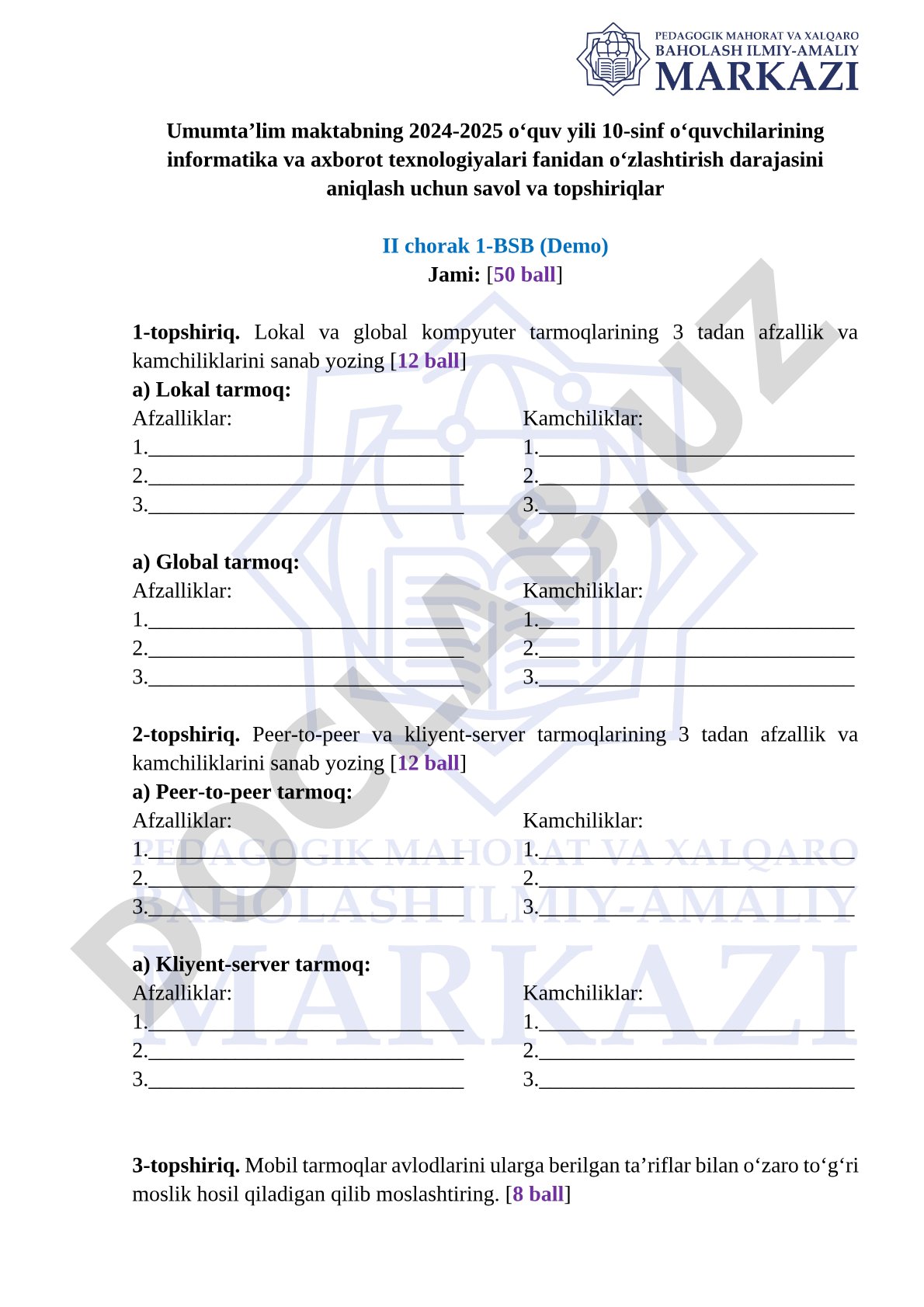 10-sinf informatika fanidan II chorak 1-BSB topshiriqlari