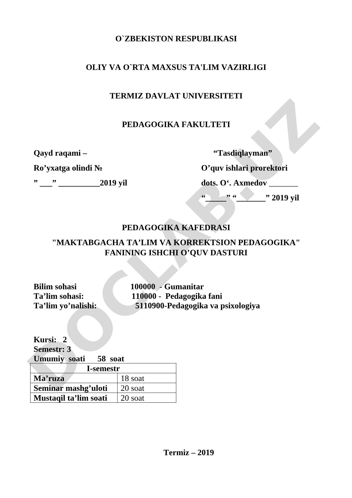 Maktabgacha ta’lim va korreksion pedagogika fanining ishchi o’quv dasturi