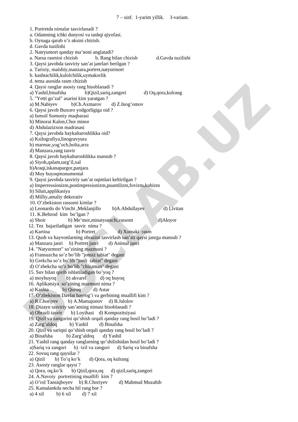 7-sinf tasviriy san'at testi