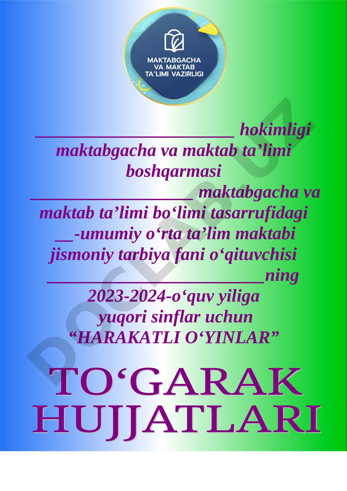 Harakatli o'yinlar to'garagi ish rejasi