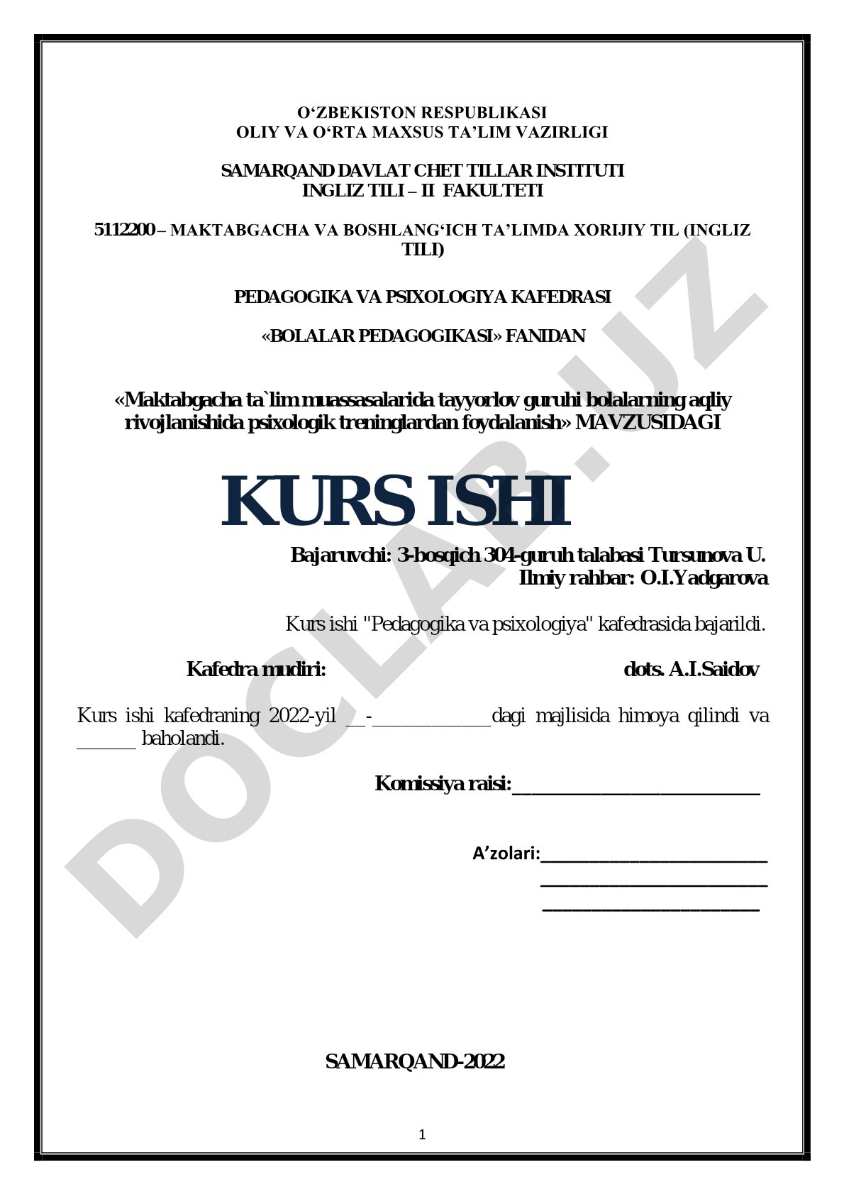 Maktabgacha ta`lim muassasalarida tayyorlov guruhi bolalarning aqliy rivojlanishida psixologik treninglardan foydalanish