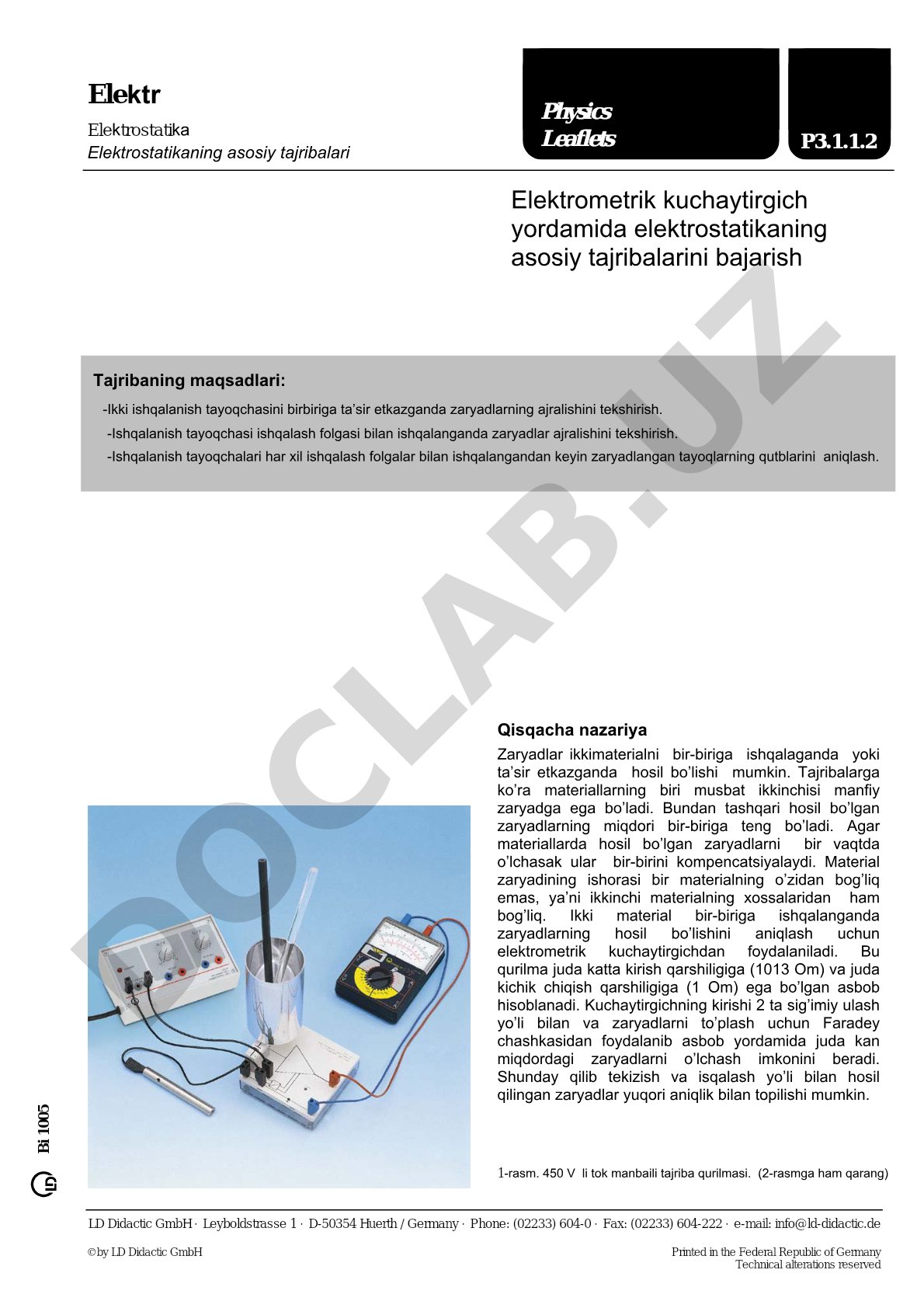 Elektrometrik kuchaytirgich yordamida elektrostatikaning asosiy tajribalarini bajarish