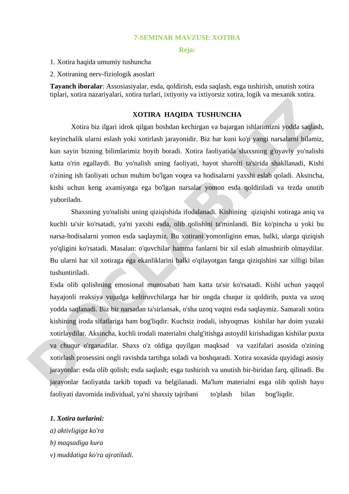 Xotira haqida umumiy tushuncha va uning nerv-fiziologik asoslari