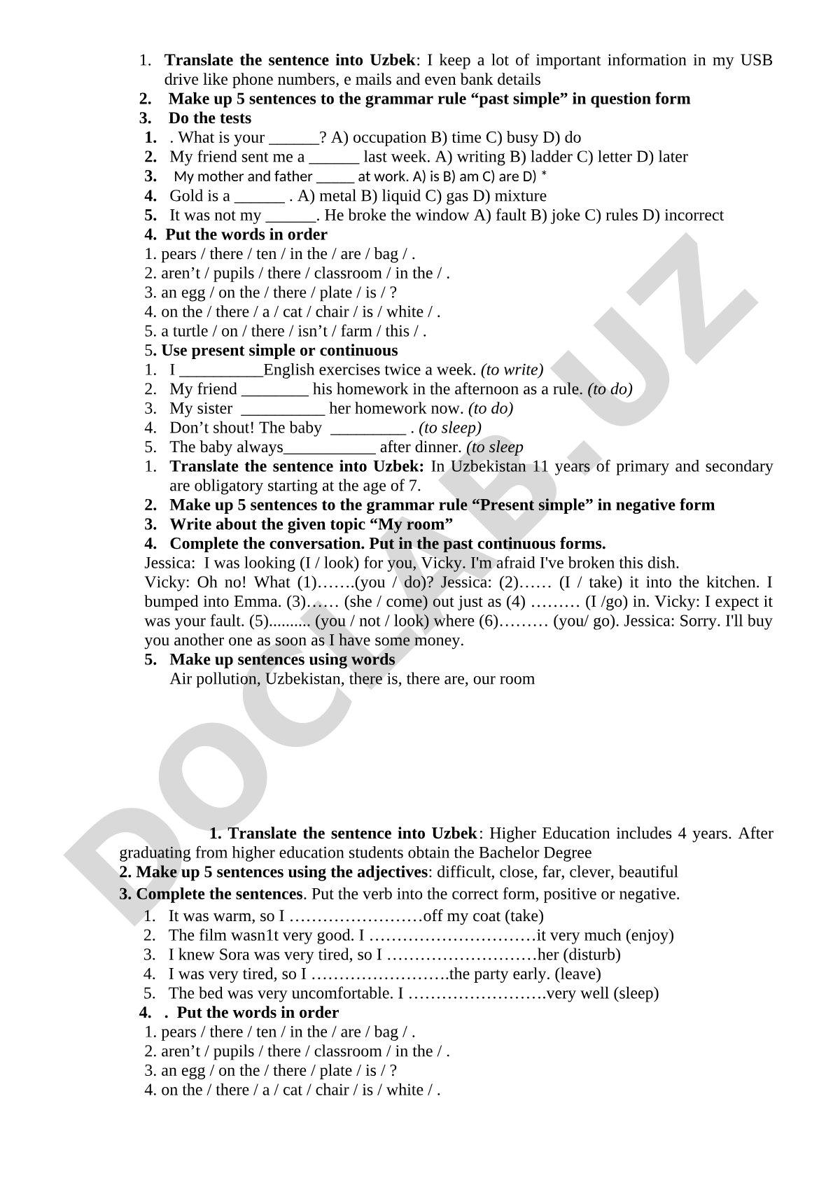 English grammar exercises with multiple choice and sentence order
