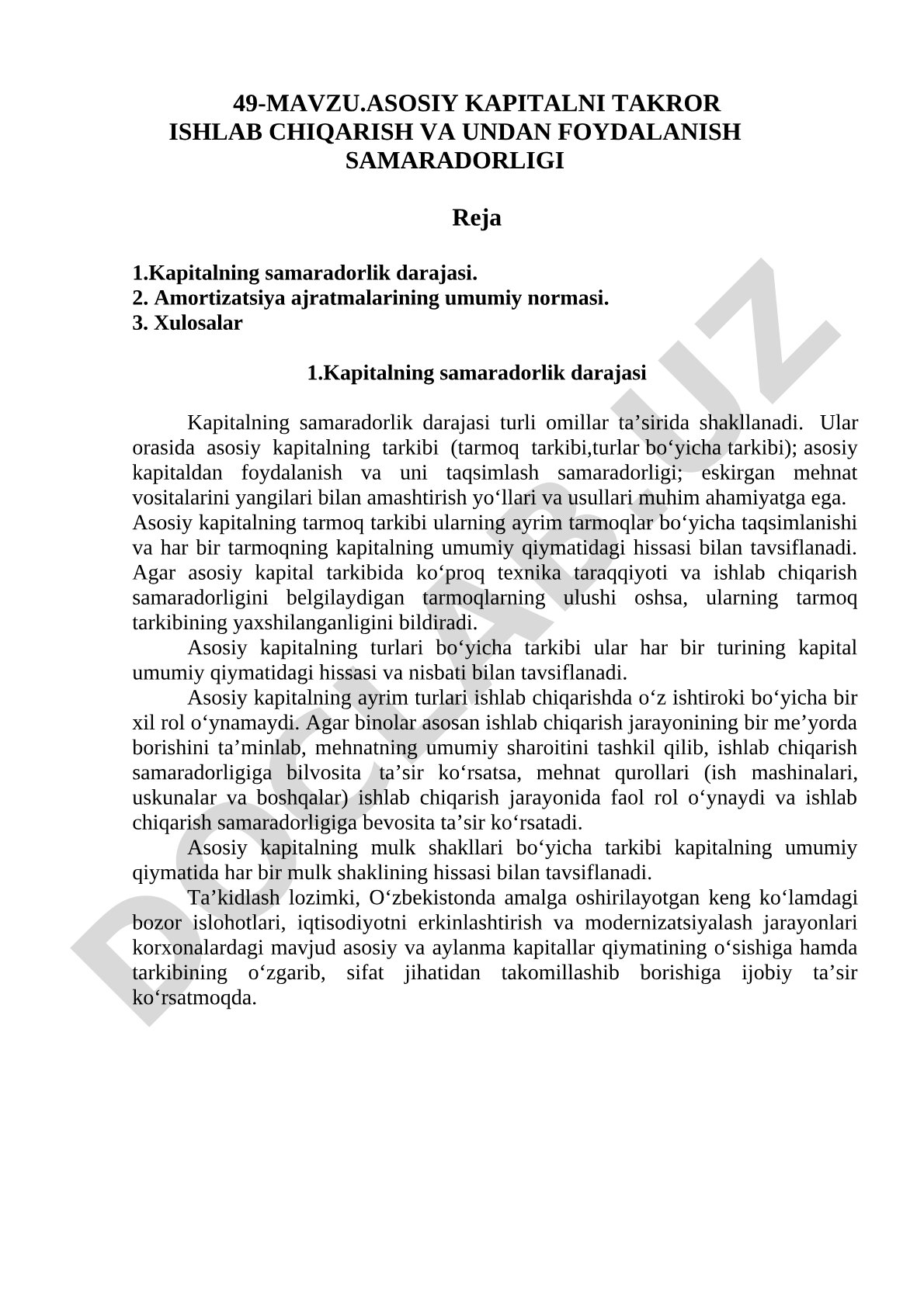 Asosiy kapitalni takror ishlab chiqarish va undan foydalanish samaradorligi