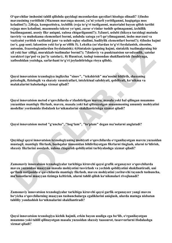 O‘quvchilar inshosini tahlil qilish mezonlari