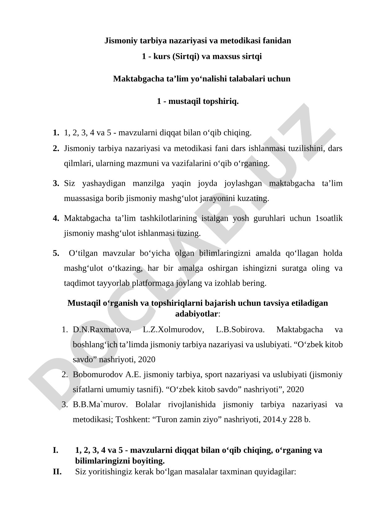Jismoniy tarbiya nazariyasi va metodikasi fanidan 1-mustaqil topshiriq