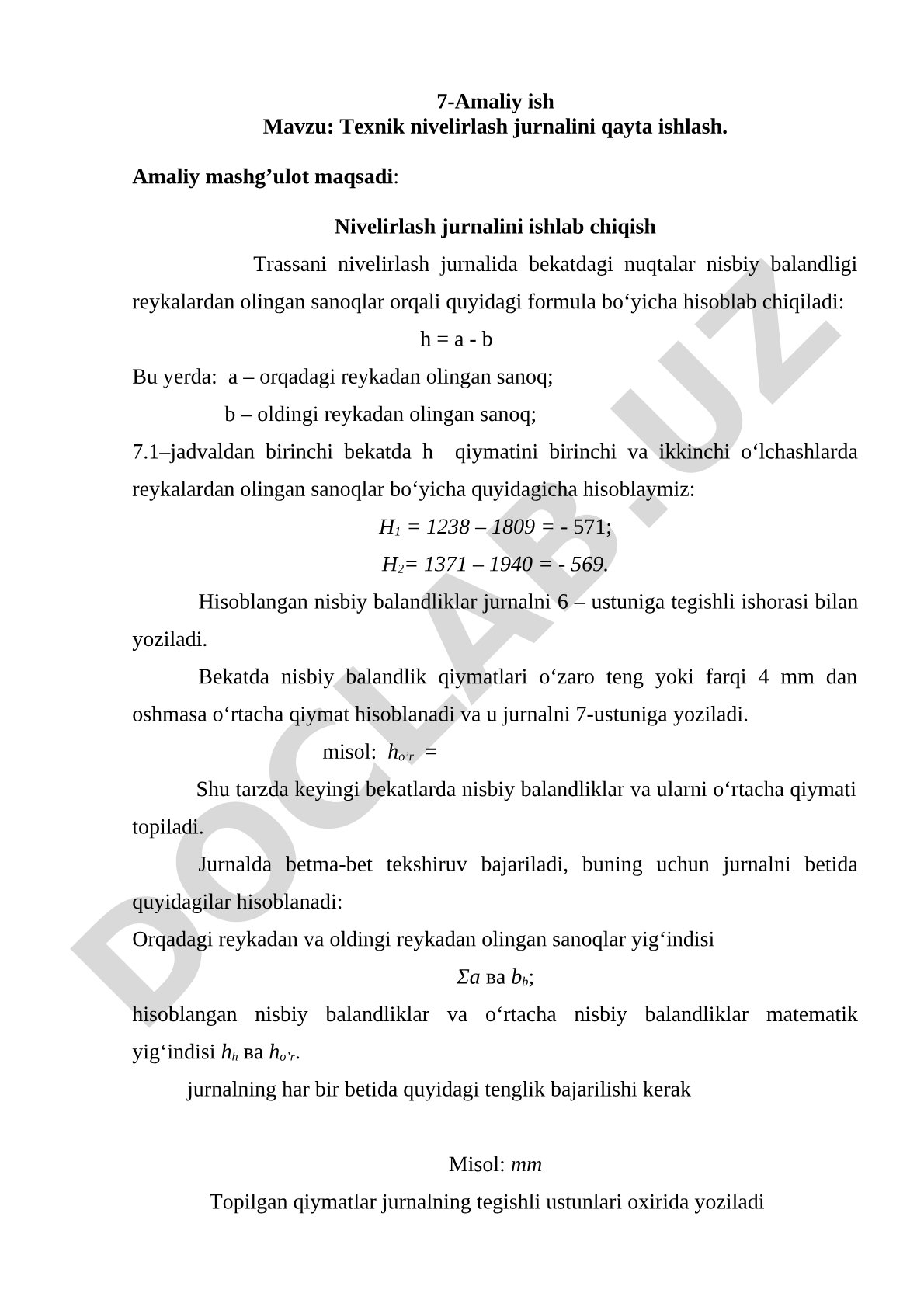 Texnik nivelirlash jurnalini qayta ishlash