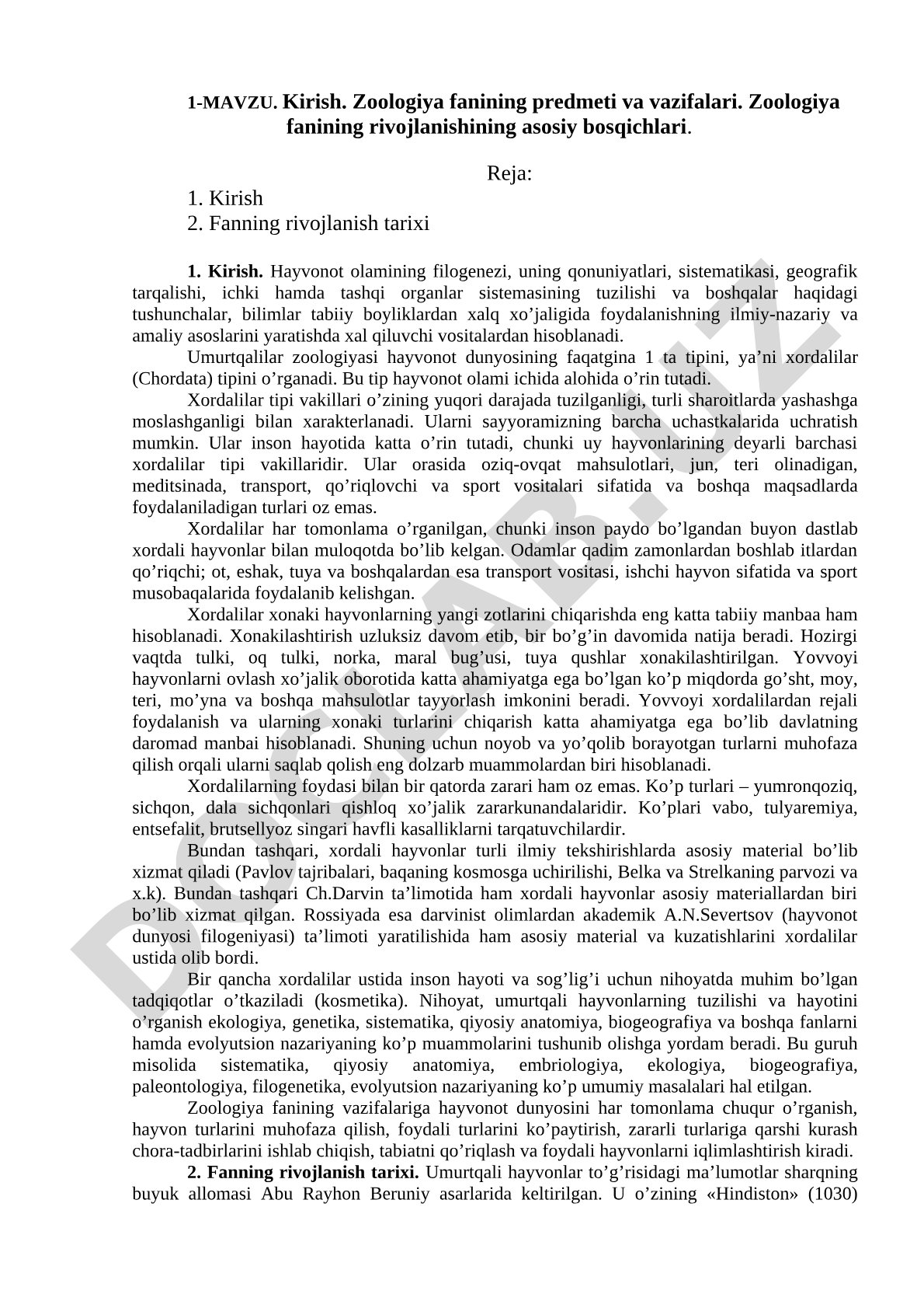 Zoologiya fanining predmeti va vazifalari. Zoologiya fanining rivojlanishining asosiy bosqichlari