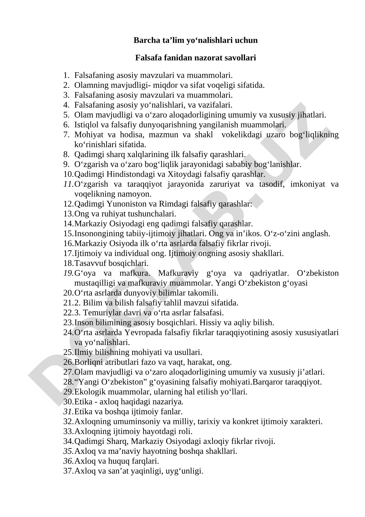 Barcha ta’lim yo‘nalishlari uchun falsafa fanidan nazorat savollari