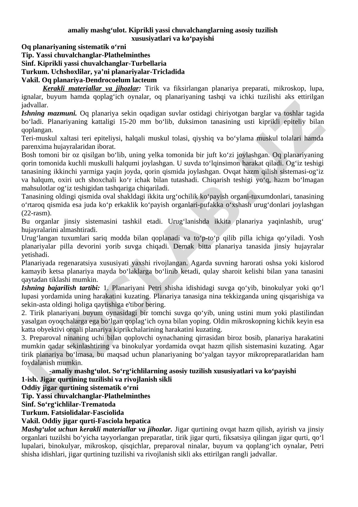 Kiprikli yassi chuvalchanglarning asosiy tuzilish xususiyatlari va ko'payishi