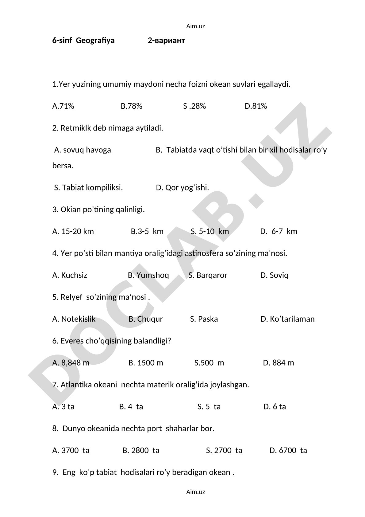 6-sinf Geografiya test savollari