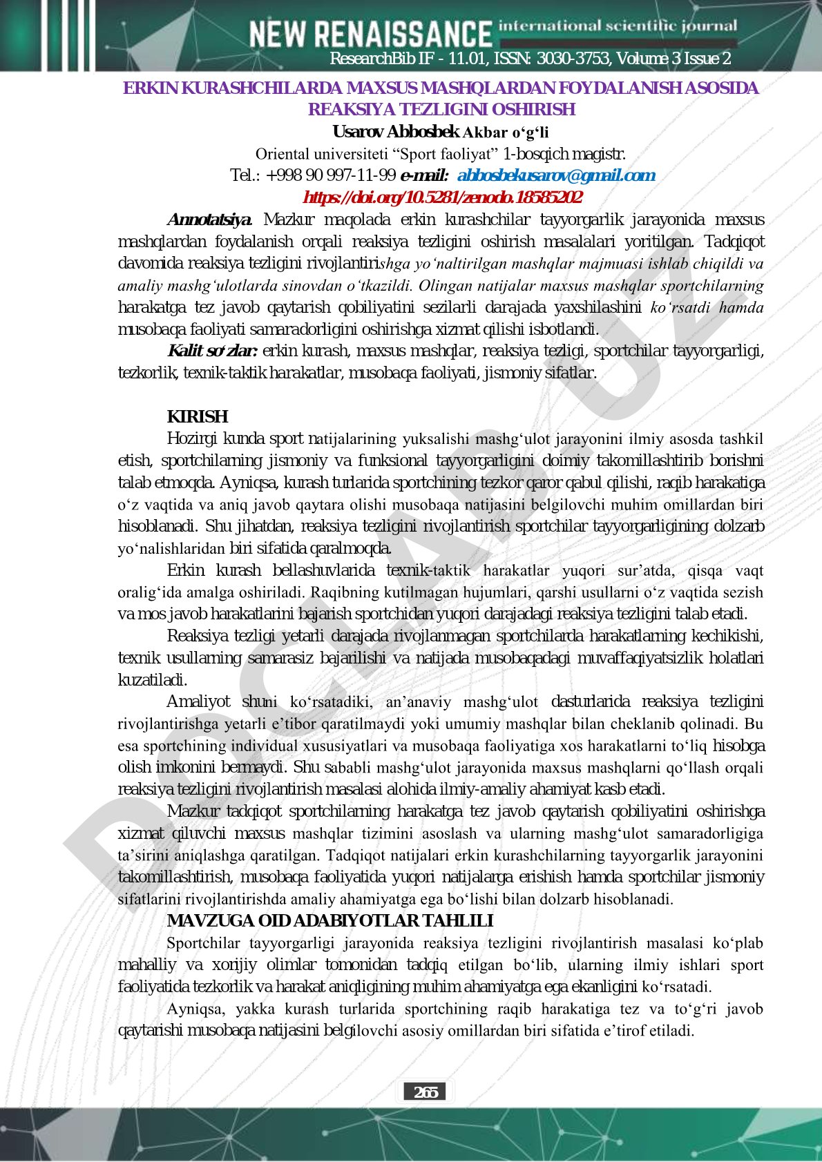 Erkin kurashchilarda maxsus mashqlardan foydalanish asosida reaksiya tezligini oshirish