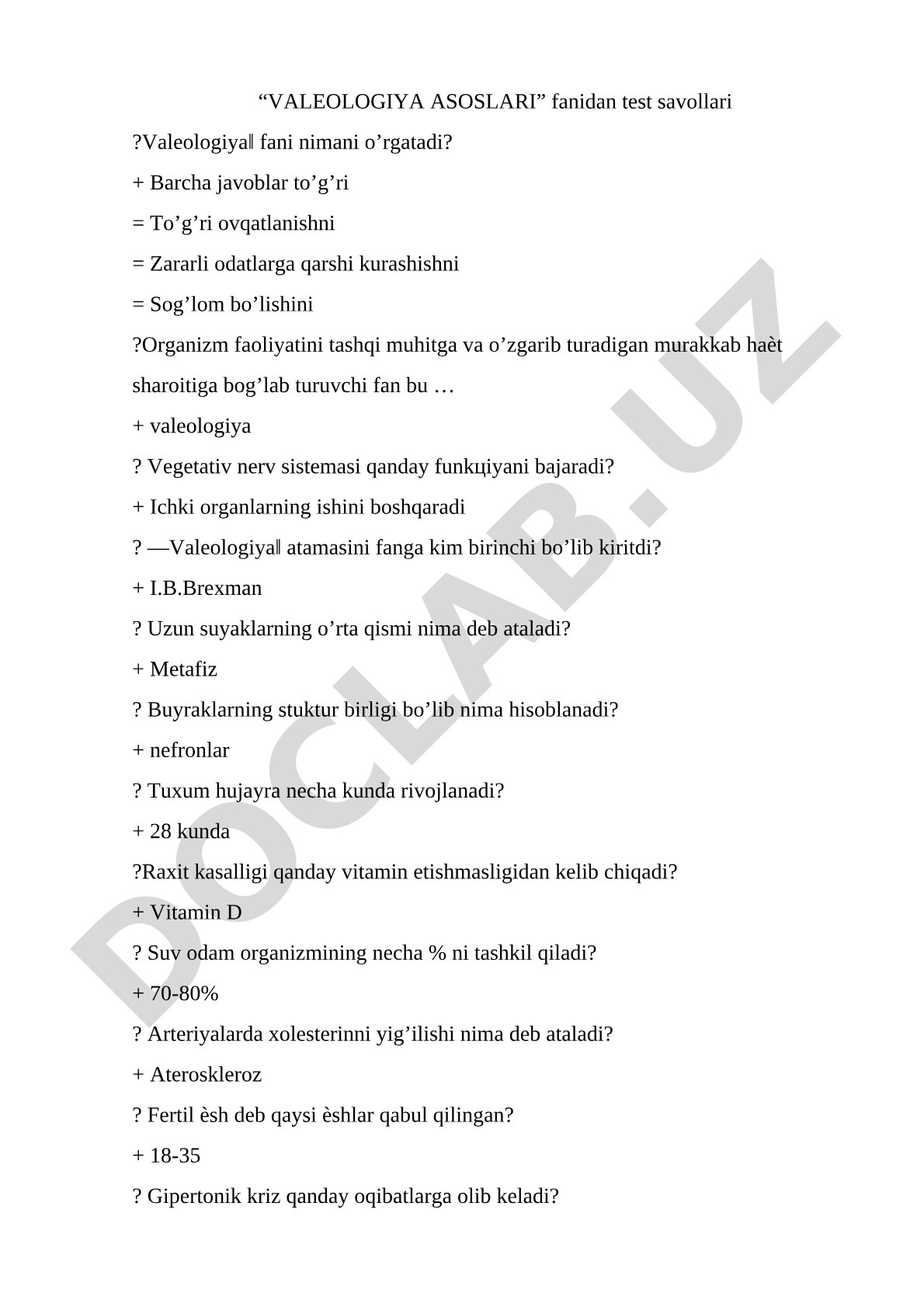 Valeologiya asoslari fanidan test savollari
