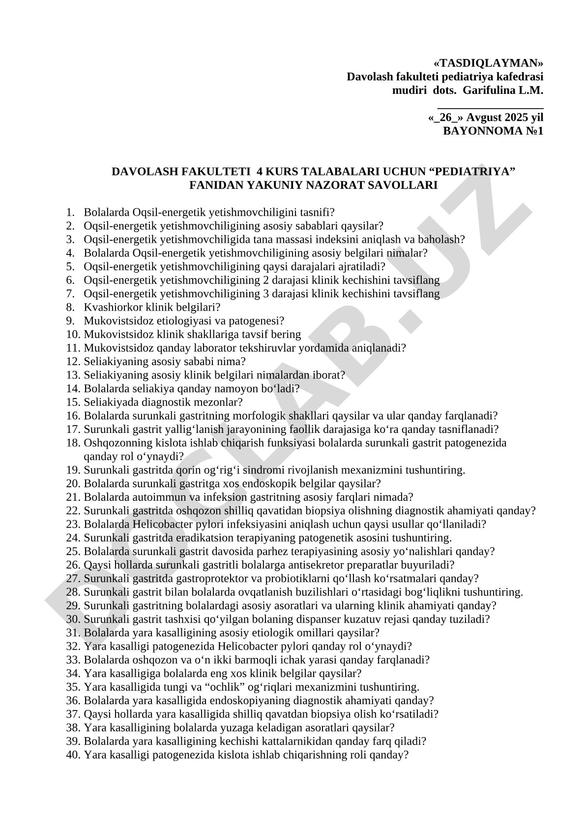 Pediatriya fanidan yakuniy nazorat savollari