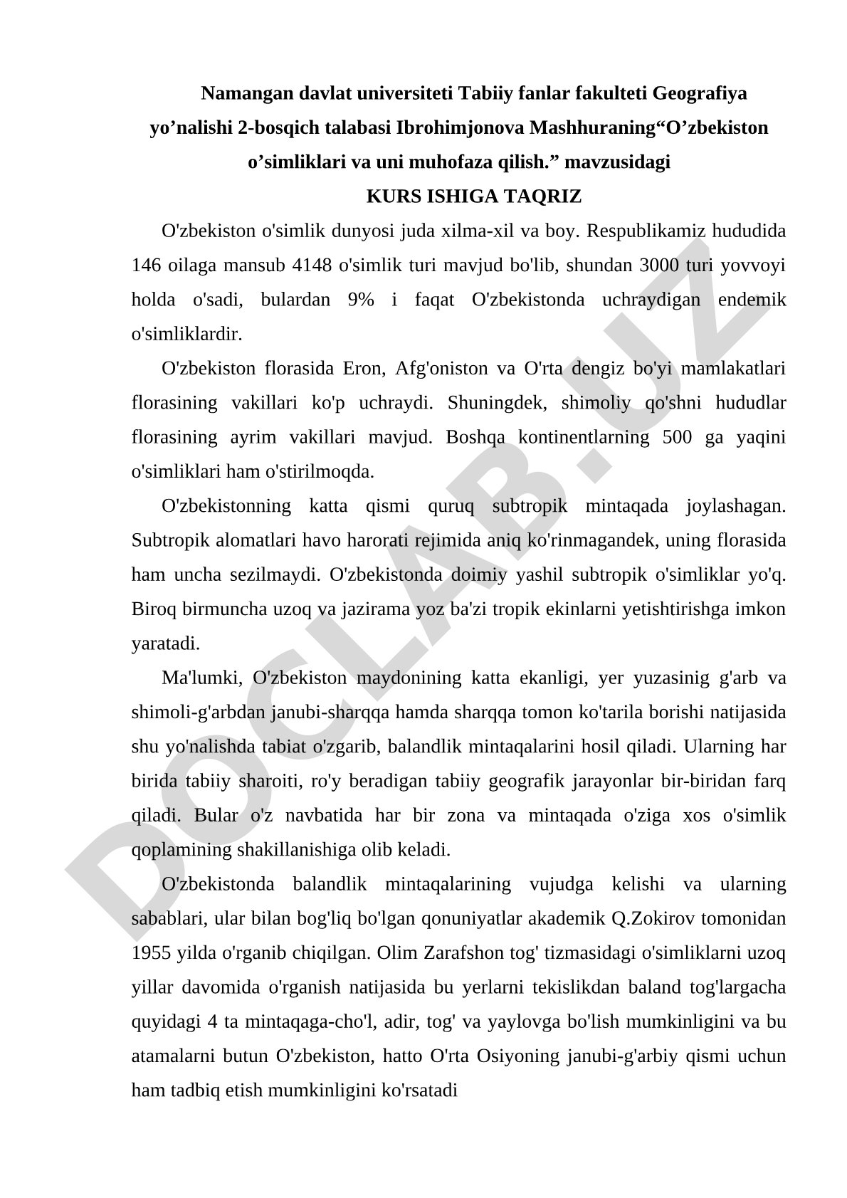 O’zbekiston o’simliklari va uni muhofaza qilish.