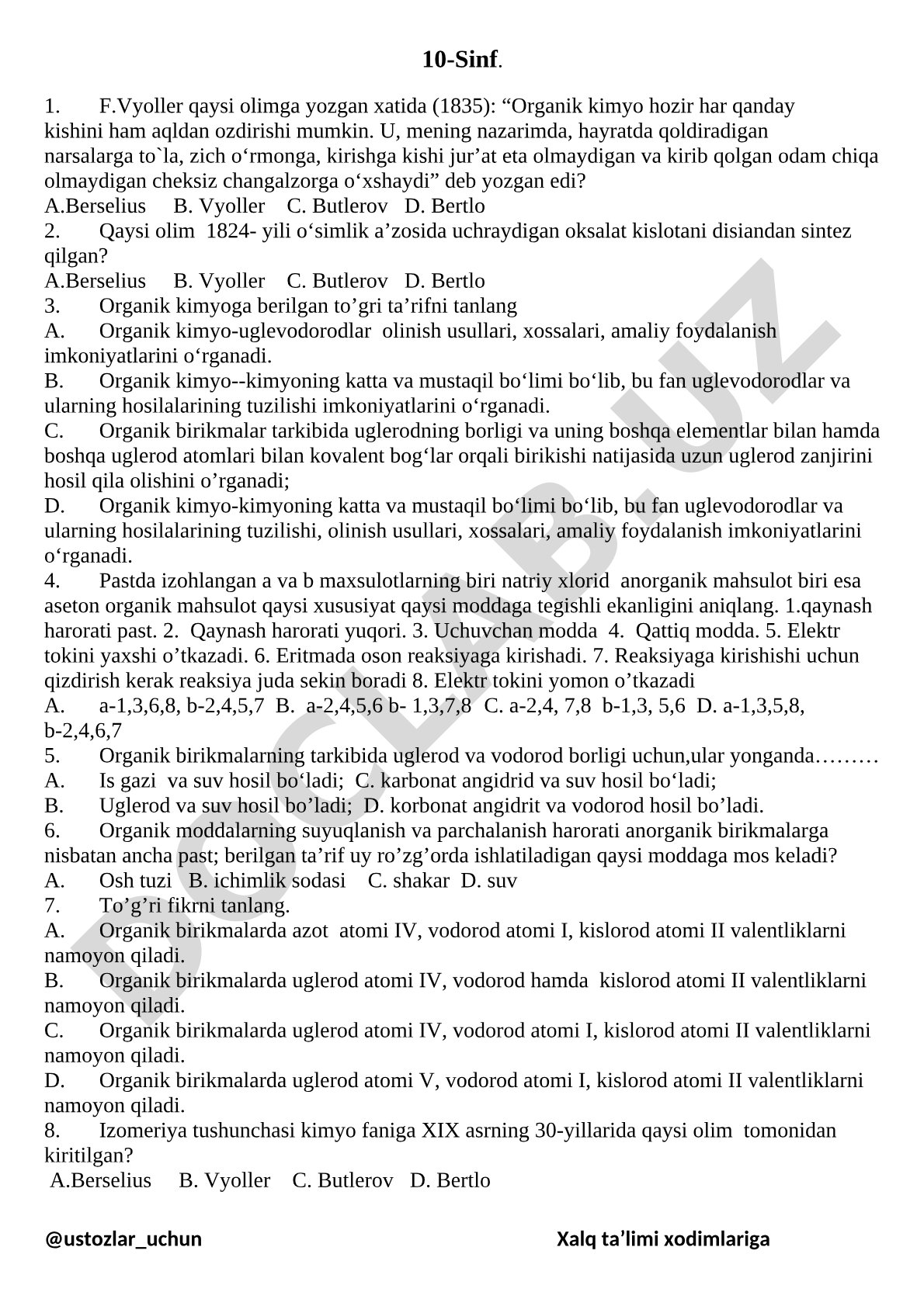 10-sinf organik kimyo test savollari
