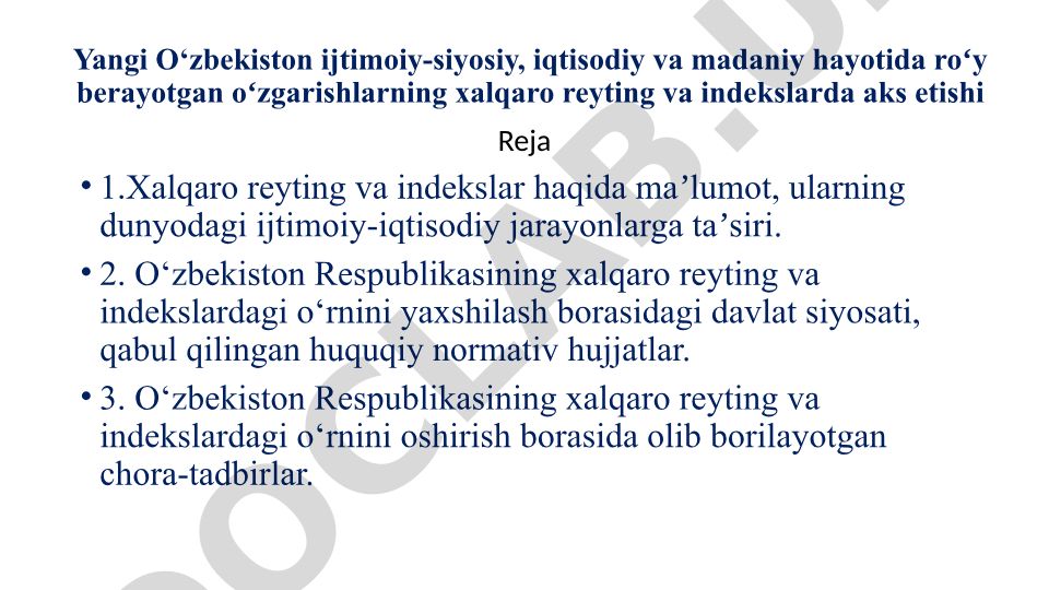 O‘zbekistonning xalqaro reyting va indekslardagi o‘rni