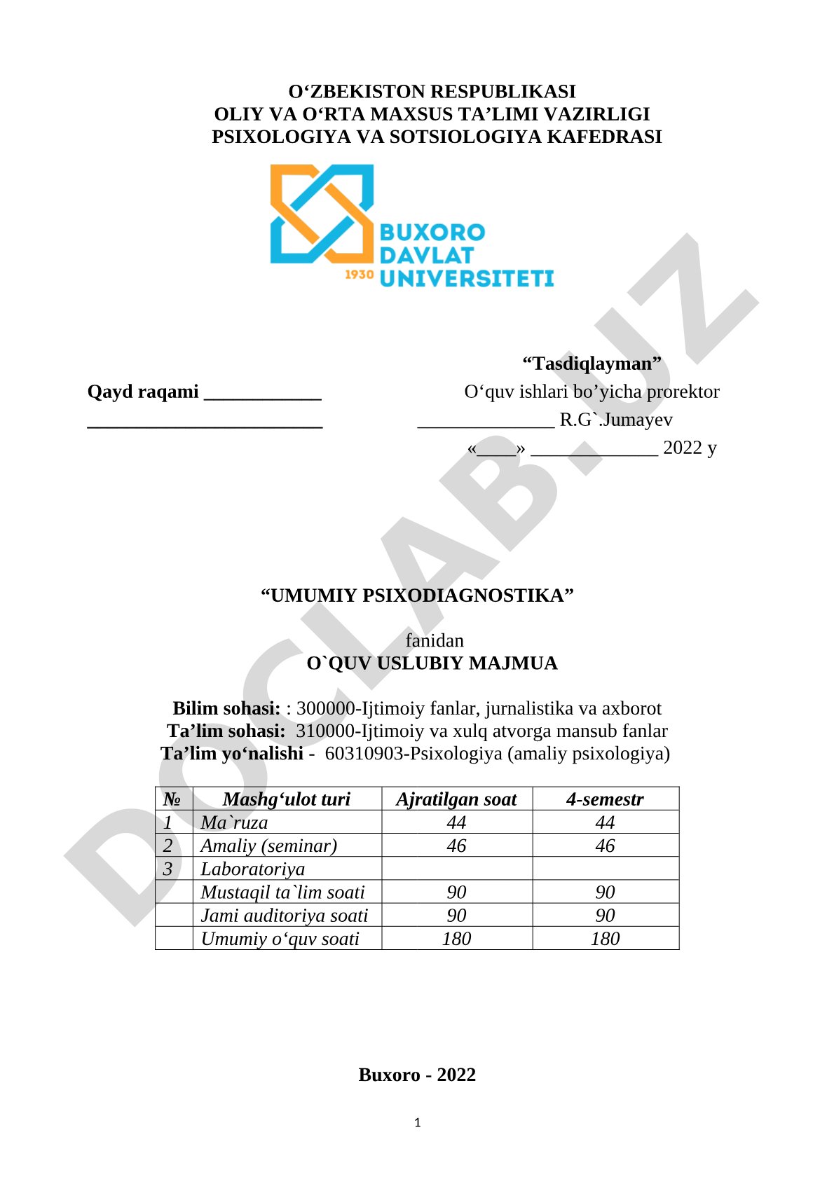 Umumiy psixodiagnostika fanidan o'quv uslubiy majmua