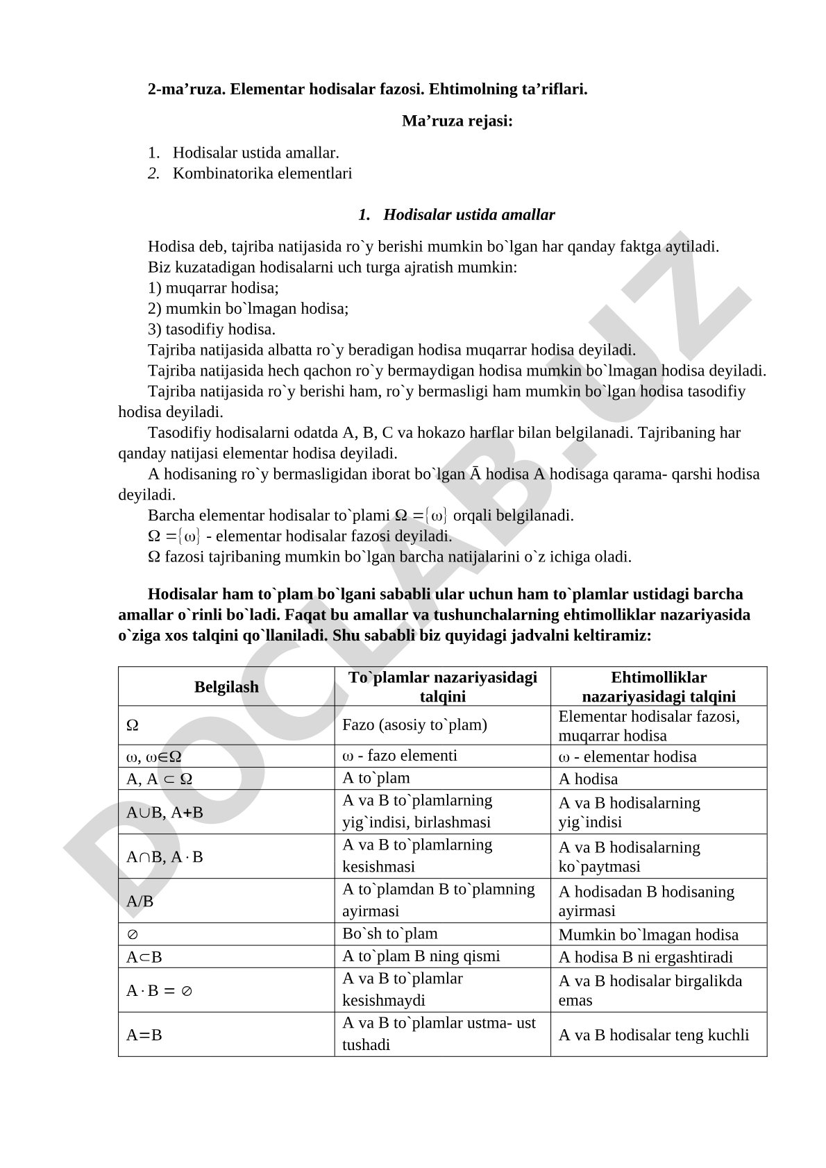 Elementar hodisalar fazosi. Ehtimolning ta’riflari