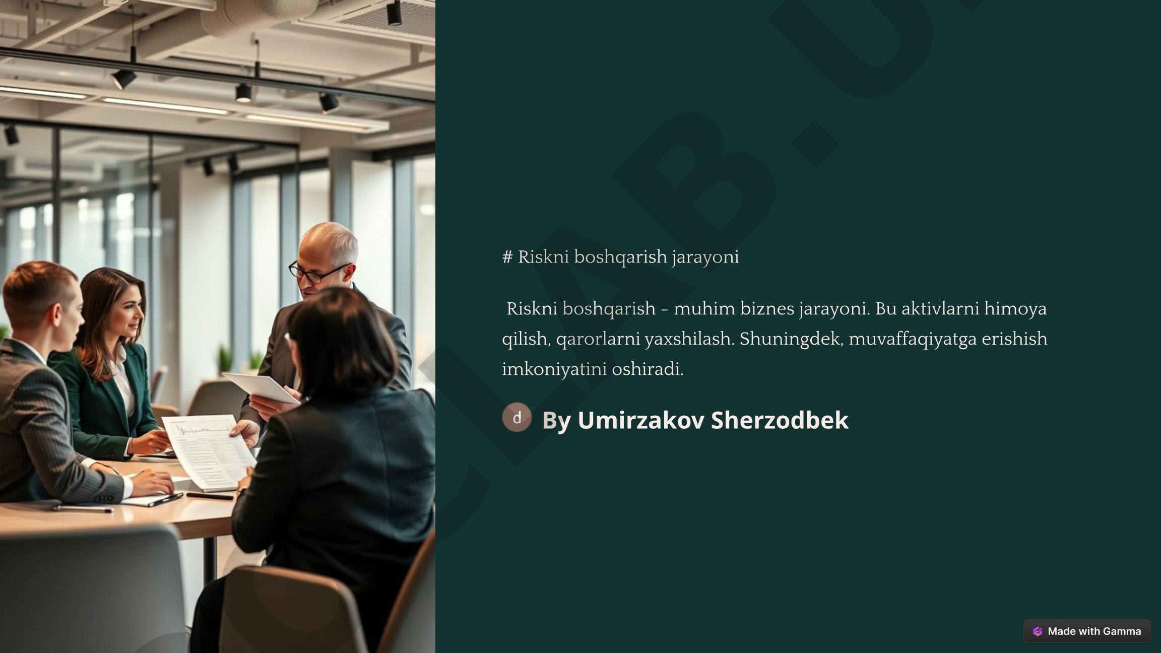 Riskni boshqarish jarayoni, risk turlari, baholash usullari va strategiyalar