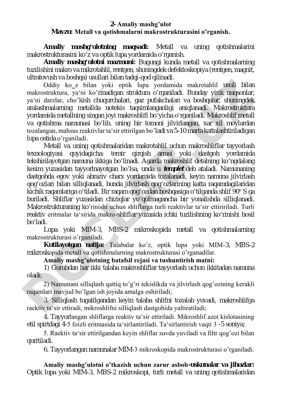 Metall va qotishmalarni makrostrukturasini o'rganish