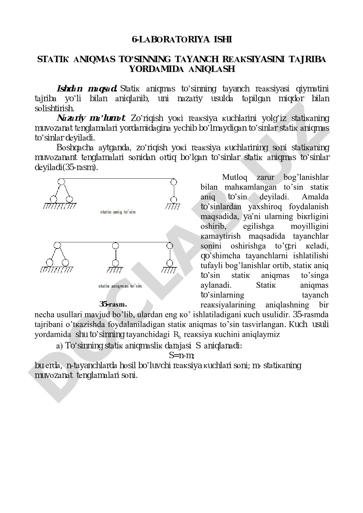6-laboratoriya ishi statik aniqmas to'sinning tayanch reaksiyasini tajriba yordamida aniqlash