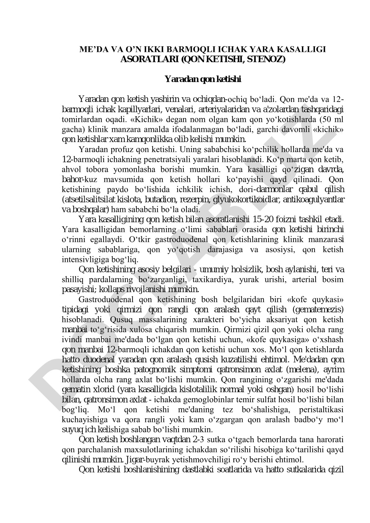 Me'da va o'n ikki barmoqli ichak yara kasalligi asoratlari (qon ketishi, stenoz)