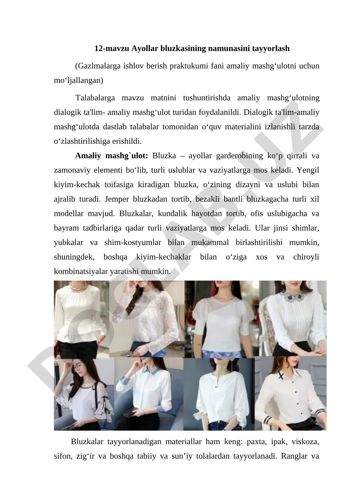 Ayollar bluzkasining namunasini tayyorlash