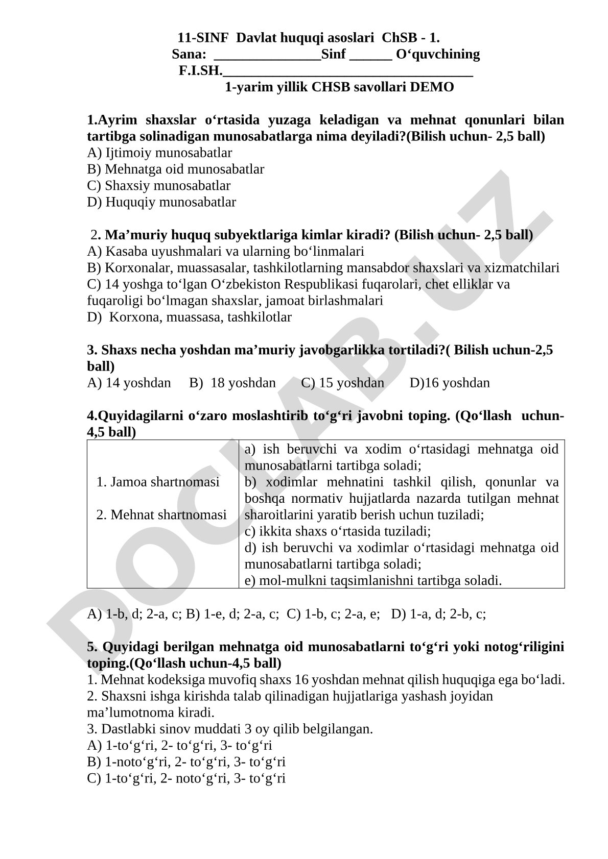 11-sinf Davlat huquqi asoslari 1-yarim yillik ChSB demo savollari