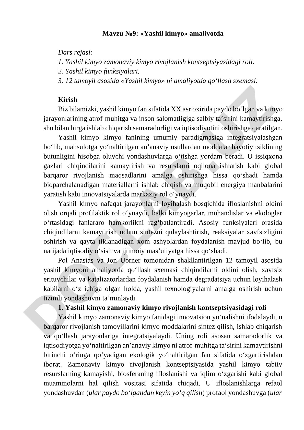 Yashil kimyo tushunchasi, funksiyalari va 12 tamoyil asosida amaliyotda qo‘llash sxemasi