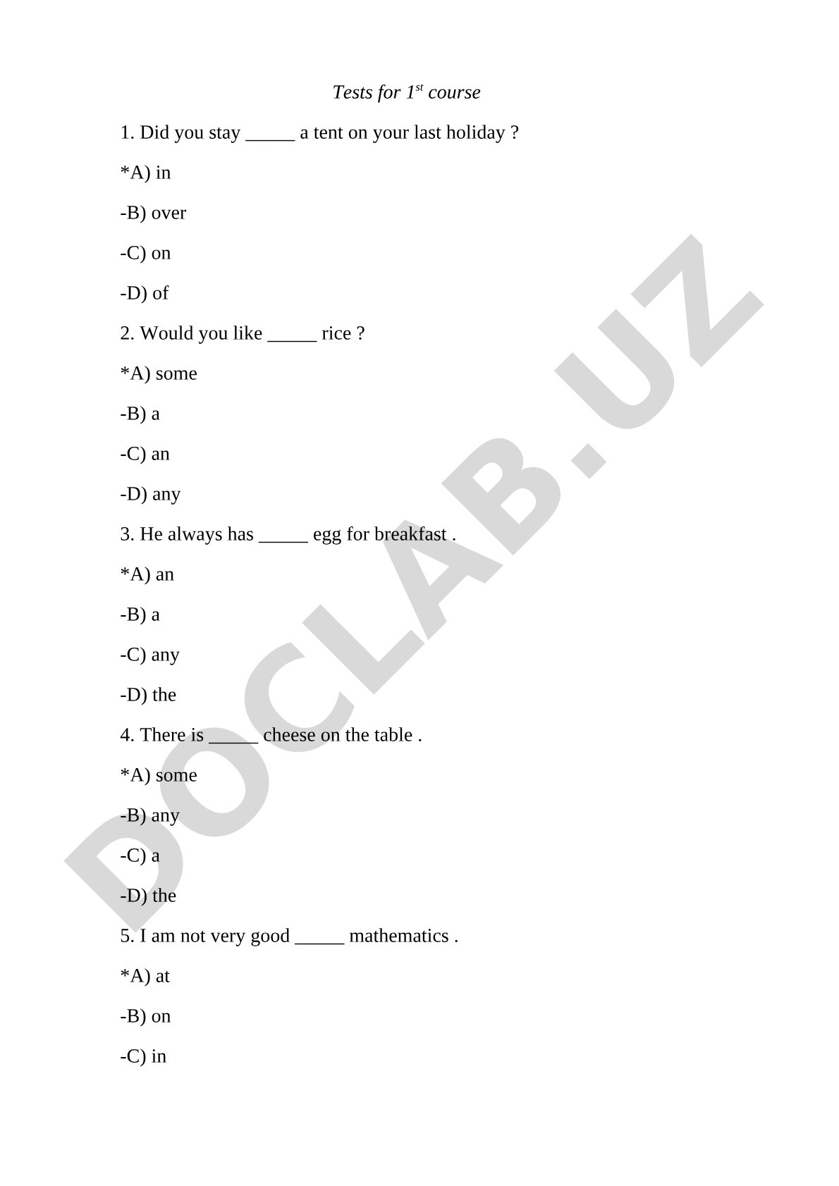 English grammar test for 1st course