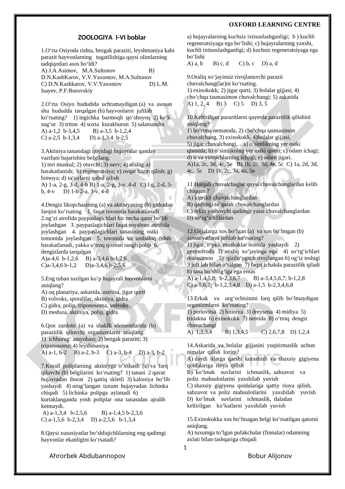 Zoologiya I-VI boblar bo'yicha test savollari