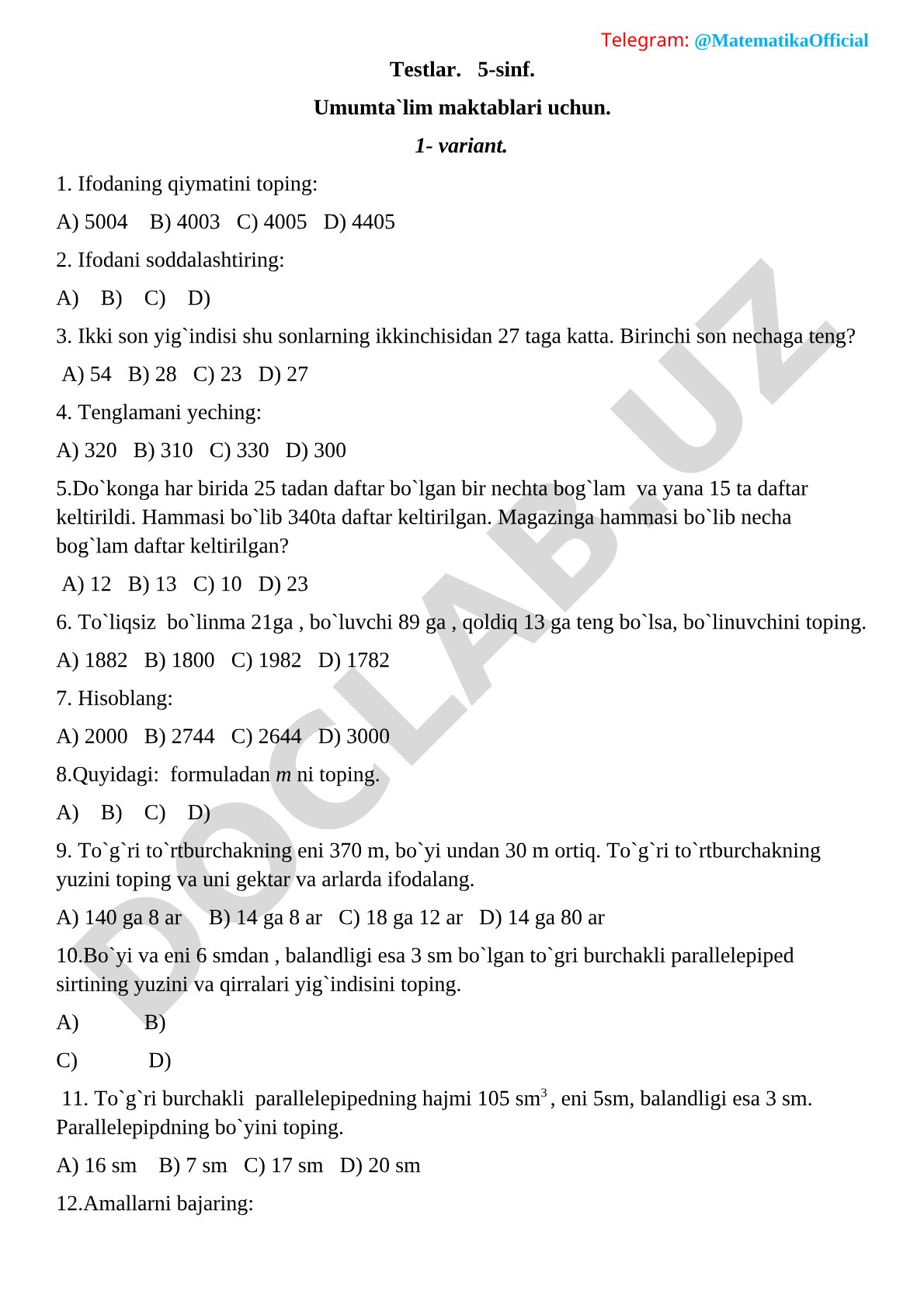 5-sinf matematika testi, 1-variant